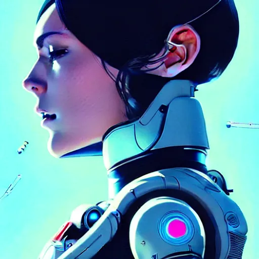 Image similar to side portrait scifi cyborg girl with robotic parts and spacesuit | | head only in center of image, audrey plaza, fine detail!! anime!! realistic shaded lighting!! poster by ilya kuvshinov katsuhiro otomo ghost - in - the - shell, magali villeneuve, artgerm, jeremy lipkin and michael garmash and rob rey