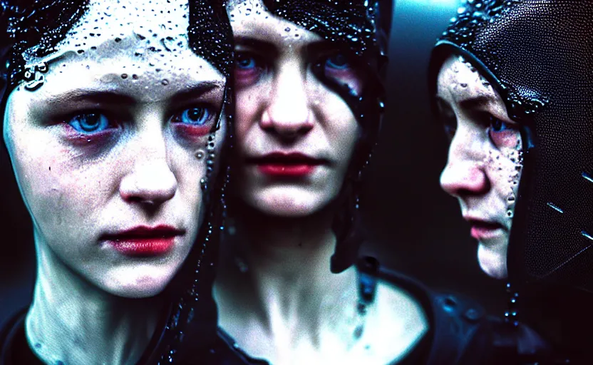 Image similar to cinestill 5 0 d candid photographic portrait by christopher nolan of two loving female androids wearing rugged black mesh techwear in treacherous waters, extreme closeup, modern cyberpunk moody emotional cinematic, pouring rain, 8 k, hd, high resolution, 3 5 mm, f / 3 2, ultra realistic faces, ex machina