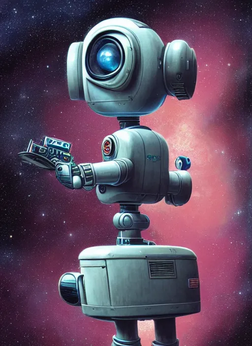 Image similar to highly detailed wide - angle, portrait of a retro robot deep space explorer, unreal engine, nicoletta ceccoli, mark ryden, earl norem, lostfish, global illumination, detailed and intricate environment