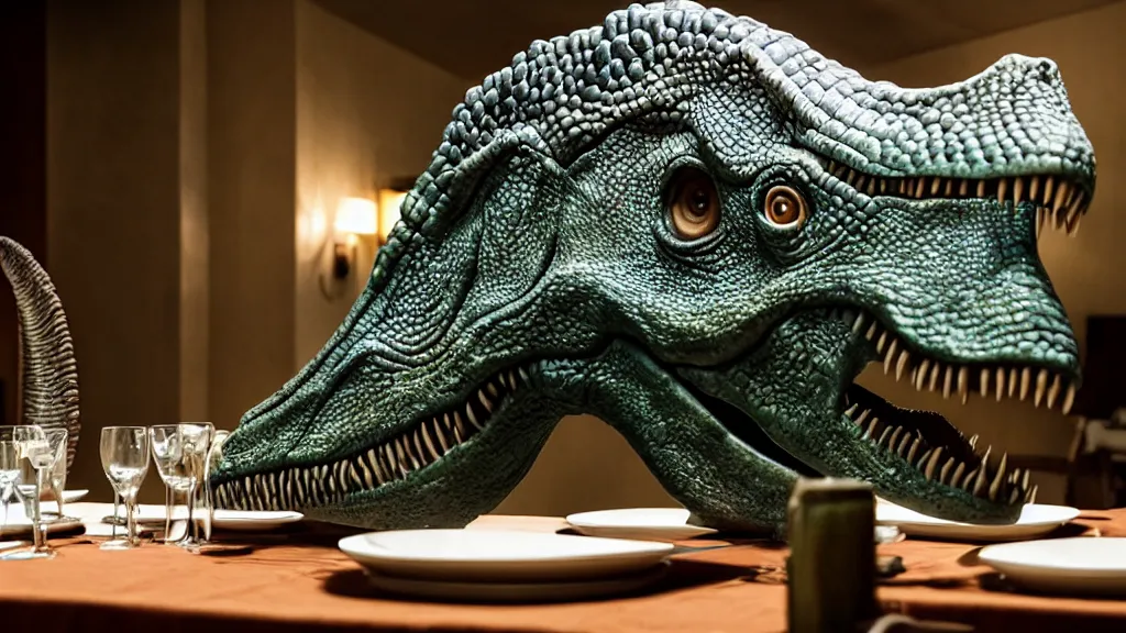 Image similar to the strange dinosaur sits at a table, made of wax and water, film still from the movie directed by Denis Villeneuve with art direction by Salvador Dalí, long lens, shallow depth of field