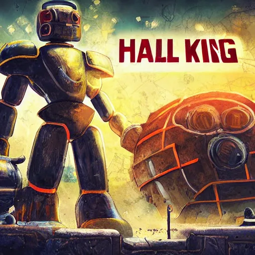 Prompt: Hall of the Machine King video game poster, large robots and man with yellow safety hardhat fighting them, stress level zero, VR game, high quality, high quality artwork, digital art, cinematic, desolate, epic