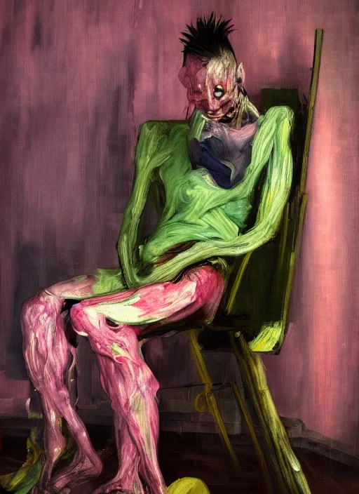 Prompt: an insane, skinny, artist wearing torn overalls, expressive emotions, painting inside a grand messy studio, depth of field, hauntingly surreal, highly detailed oil painting, by francis bacon, edward hopper, adrian ghenie, glenn brown, soft light 4 k in pink, green and blue colour palette, cinematic composition, cinematic lighting, high quality octane render, masterpiece
