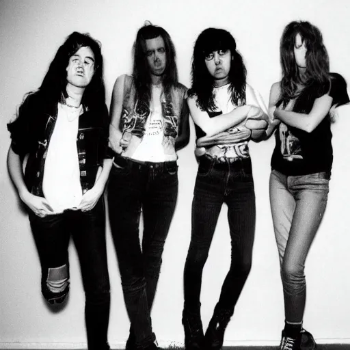 Prompt: Group of 19-year-old women holding electric guitars, long shaggy hair, stoner rock, punk rock, grunge rock, alternative rock, noise rock, Subpop, grunge, band promo photo, 1991 photograph