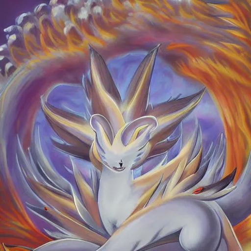 Prompt: ninetales, detailed painting, majestic pokemon