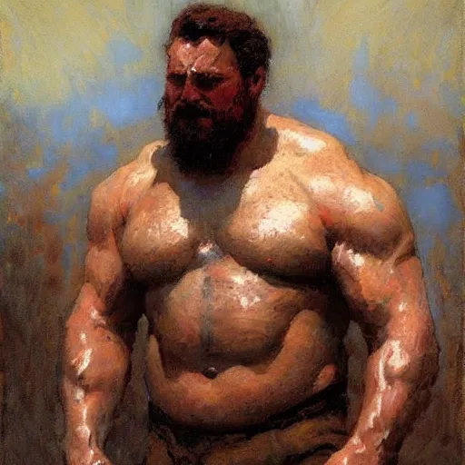 Prompt: a man with a strongman body type, painting by Gaston Bussiere, Craig Mullins