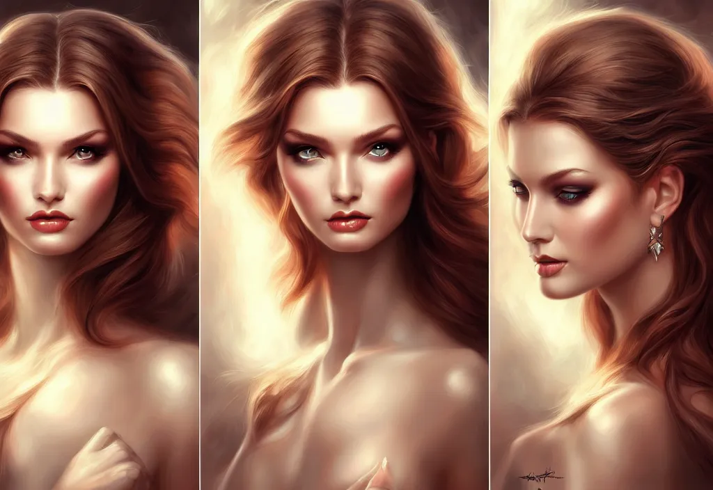 Image similar to picture split from the middle with an border, evil angels with different backrounds, intricate, elegant, highly detailed, realistic hair, centered, digital painting, art station, conceptual art, soft, sharp focus, illustration, artwork, artgerm, wlop, boris vallejo