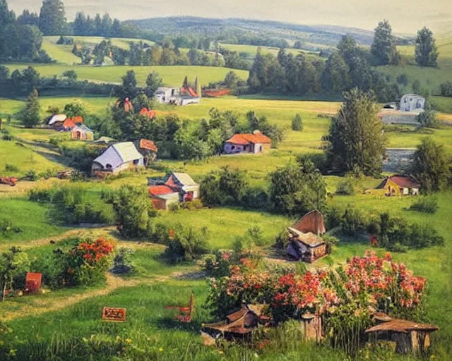 Image similar to a beautiful view of a peaceful village in ukraine. art by denys tsiperko and bogdan rezunenko, hyperrealism