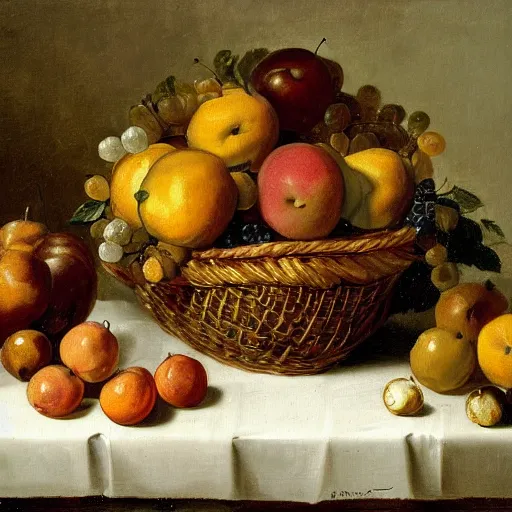 Image similar to a painting of a basket of fruit on a table, a still life by jan davidsz. de heem, deviantart, rococo, dutch golden age, rococo, oil on canvas