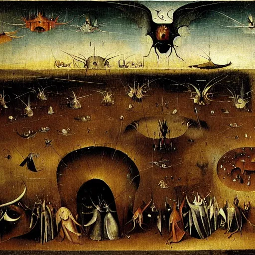 Prompt: vision of hell with winged demons flying over the flames art by hieronymus bosch