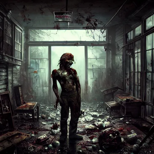 Image similar to fallout 5, shopkeeper angry bloody horror zombie, portrait, indoors dilapidated store interior, atmospheric lighting, painted, intricate, volumetric lighting, beautiful, daytime, overcast weather, sharp focus, deep colours, ultra detailed, by leesha hannigan, ross tran, thierry doizon, kai carpenter, ignacio fernandez rios