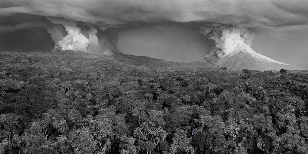 Prompt: a Sebastião Salgado's photograph of landscape of a forest near an erupting volcano