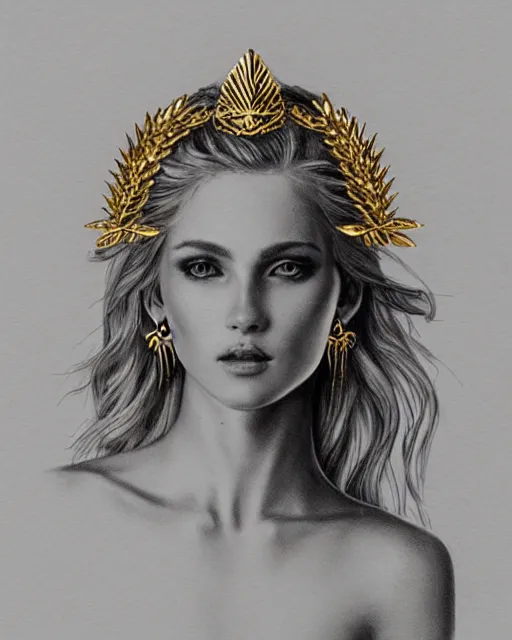 Image similar to tattoo design sketch of cute beautiful blonde super model as aphrodite greek goddess wearing a gold laurel wreath and triangle earrings, beautiful piercing gaze with sharp pupils, in the style of greg rutkowski, fantasy, amazing detail, epic, elegant, smooth, sharp focus, front view