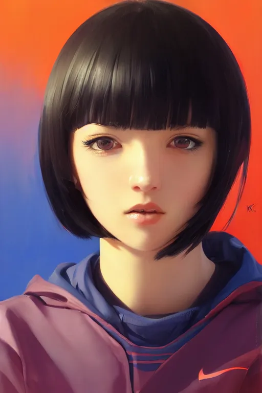 Prompt: a portrait of a cute young female athlete with black bob cut hair, sports setting, vivid colors, soft lighting, atmospheric, cinematic, moody, in the style of Ilya Kuvshinov and Range Murata, Krenz Cushart, oil on canvas, 8k