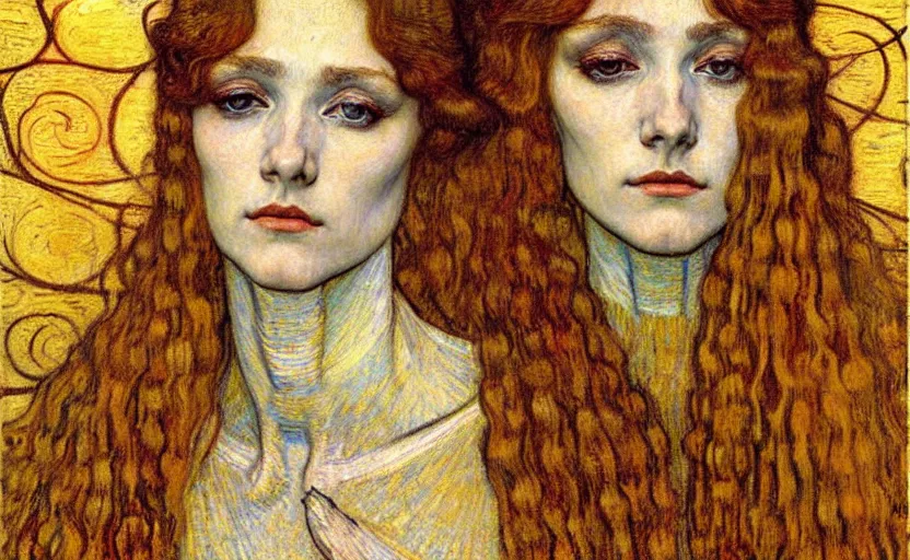 Image similar to detailed realistic beautiful young medieval queen face portrait by jean delville, gustav klimt and vincent van gogh, art nouveau, symbolist, visionary, gothic, pre - raphaelite, muted earthy colors, desaturated