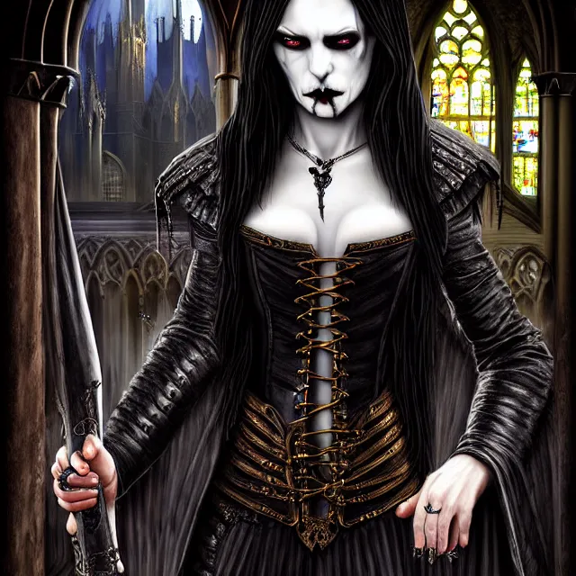 Image similar to vampire warrior, in a gothic church, highly detailed, 4 k, hdr, close up, portrait, smooth, sharp focus, high resolution, award - winning photo, illustrated by anne stokes, photorealistic