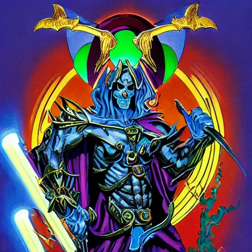 Image similar to masters of the universe, skeletor destroying sacred rainbow gates covered in illuminated Hebrew hieroglyphics