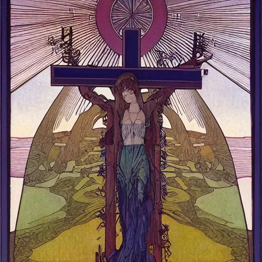 Image similar to a spiritual cross on top of a holy mountain, Mucha, Moebius, Mohrbacher