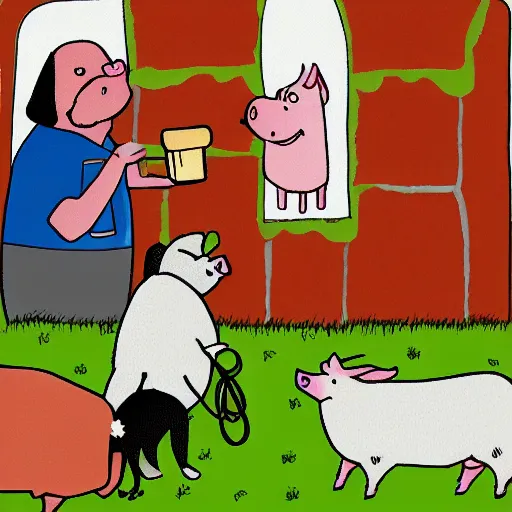 Image similar to butcher giving food to a dog, while being watched by a pig, a sheep, a chicken and a cow