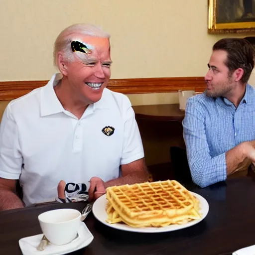 Image similar to photograph of trump and Biden sitting and eating breakfast at a Wafflehouse