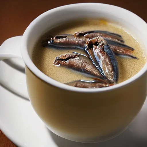 Prompt: anchovies floating in a white porcelain cup of milk tea, macro restaurant photo