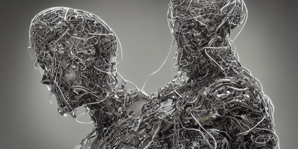 Image similar to hyperrealistic photography of a stunningly beautiful cyborg male, consciences being installed sci - fi, intimate, intricate filigree, fibonacci, in the style of beth cavener, jin kagetsu, and wlop, highly detailed, chrome face symmetry, masterpiece, award winning, sharp focus, concept art, high key, ambient lighting, 8 k, octane render,