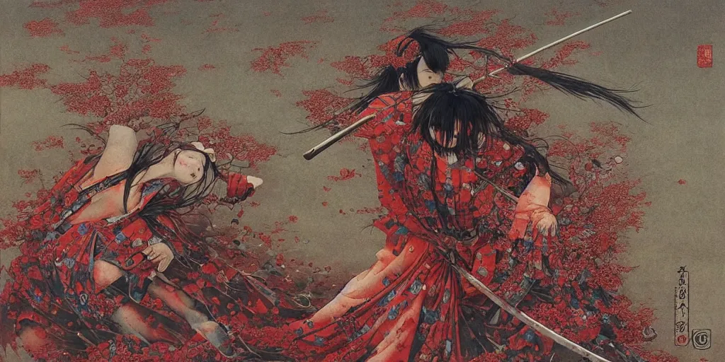 Image similar to Japanese schoolgirl runs away from Samurai with a katana on the subway, high detailed Beksinski painting, part by Adrian Ghenie and Gerhard Richter. art by Takato Yamamoto. deep colours