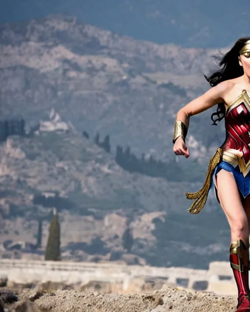 Image similar to gal gadot as wonder woman, at the 2 0 0 - meter starting line, ancient greek olympic trials, mount olympus can be seen off in the distance, sports photography in the style of neil leifer, no dof