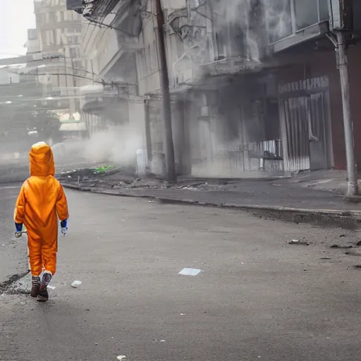 Prompt: a photo of a boy wearing a hazmat suit, glass backpack, inside it is a small plant, oxygen tubings connected to his helmet, walking away from the camera, smoke in the background, filthy streets, broken cars. Vines growing. OM system 12–40mm PRO II 40mm, 1/100 sec, f/2 8, ISO 800