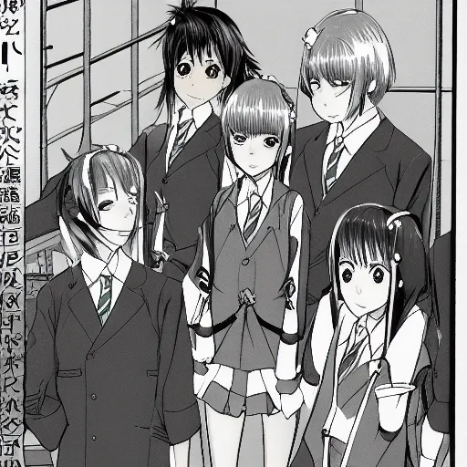 Image similar to high detail manga of japanese school garl, anime