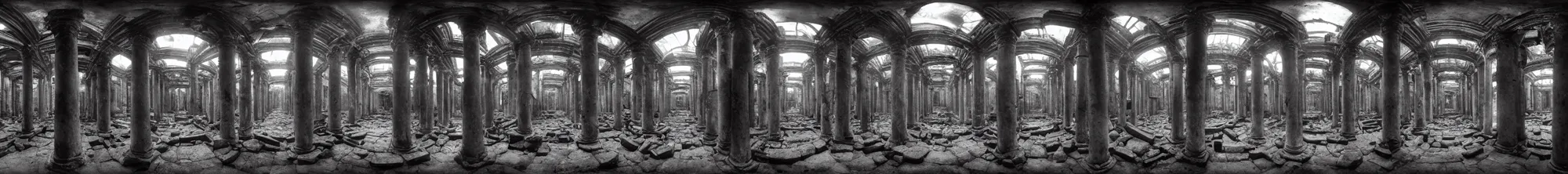 Image similar to photo of an immersive forgotten panopticon well, with columns and destroyed cybernetics from an ancient civilization, photorealistic, higly detailed dark, 3 6 0 picture, panorama, 3 5 mm slide, trending on flickr, in the style of francesca woodman, zachary corzine, zhelong xu, greg rutkowski and anders zorn