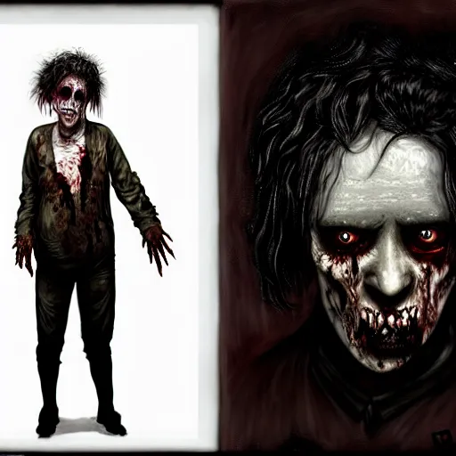 Prompt: early robert smith as a zombie looking shy, 7 days to die zombie, fine art, award winning, intricate, elegant, sharp focus, cinematic lighting, digital painting, 8 k concept art, art by z. w. gu, art by brom, art by michael hussar, masterpiece, 8 k