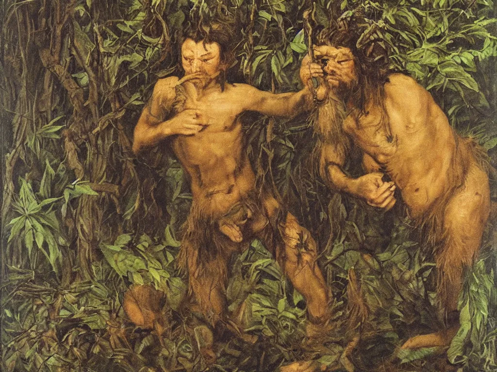 Prompt: Portrait of wild, primitive, cruel green-eyed, hairy, savage man in the dark forest. Painting by Hugo van der Goes