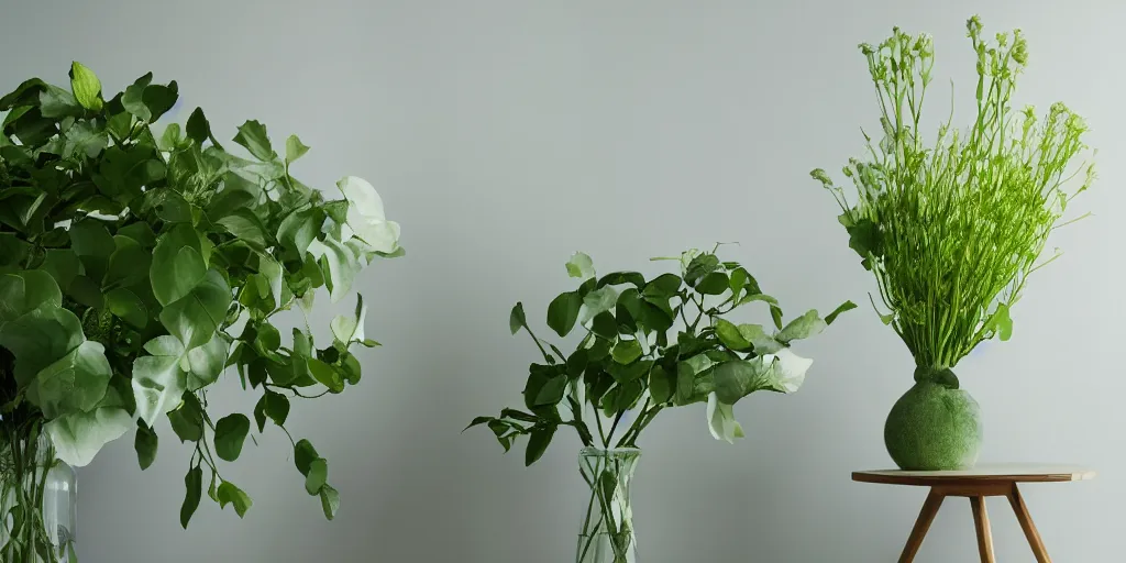 Prompt: big flowers in vase, modern studio light soft colour, backlight green leaves, rembrand