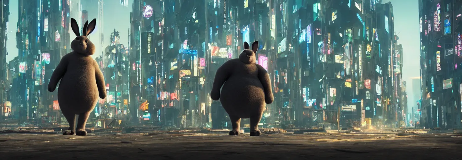 Prompt: photo big chungus roaming in a cyberpunk futuristic city