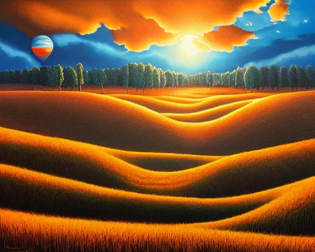 Image similar to a painting of an unimaginably beautiful landscape at golden hour, an ultrafine detailed painting by rafal olbinski, behance contest winner, pop surrealism, detailed painting, very detailed, minimalist, skeuomorphic, airbrush art