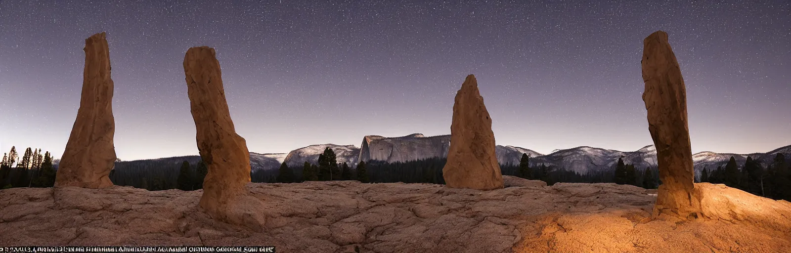 Image similar to to fathom hell or soar angelic, just take a pinch of psychedelic, medium format photograph of two colossal minimalistic necktie sculpture installations by antony gormley and anthony caro in yosemite national park, made from iron, marble, and limestone, granite peaks visible in the background, taken in the night