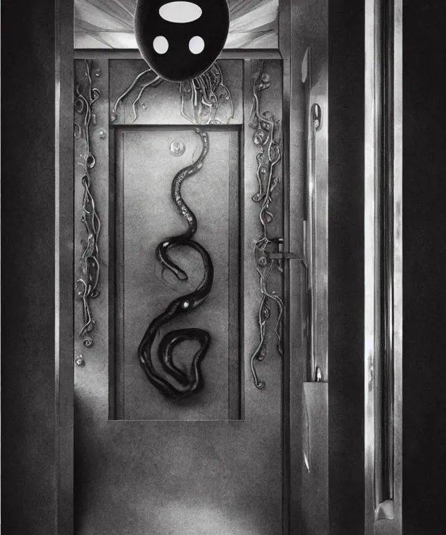 Image similar to horrifying photorealistic image of a 1 9 2 5 hotel elevator lobby, elevator doors look like a mouth, with a tentacle - shaped tongue, licking out, dark, atmospheric, brooding, smooth, finely detailed, cinematic, epic, in the style of lee gibbons