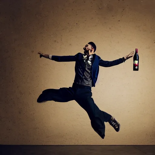 Image similar to an elgant detailed portrait of a male model boisterously dancing around the room by himself holding an empty wine bottle as he jumps in the air in a (warehouse), striking artistic concept, perfect composition, detailed facial expression, fine detail, dramatic lighting, award-winning photo UHD, 4K