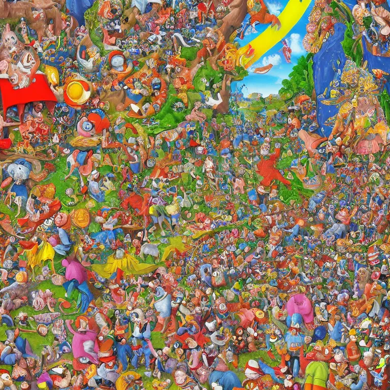 Prompt: an incredibly detailed masterpiece painting of a Where's Waldo puzzle by bosch and lisa frank, ornate, beautiful, bold colors, detailed, high resolution, wow!, realistic, photorealism, intricate
