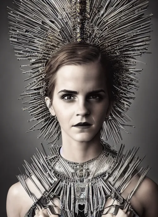 Image similar to expressive full body photo of emma watson, dress made of steel blades, glamour shot, by karol bak, stefan gesell, photorealistic, nikon d 4 x, fashion photography, hyper maximalist, elegant, ornate, luxury, elite, environmental portrait, symmetrical features, octane render, unreal engine, solid dark grey background, dramatic lights