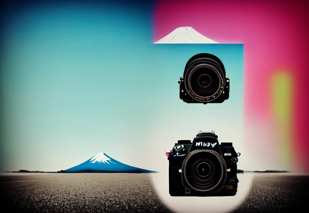 Prompt: first person view of a road coat sleeve arm hand grasping the back side rear angle viewfinder of a nikon dslr camera with mount fuji image in viewfinder, in the style of wes anderson, rene magritte, lola dupre, david hockney, isolated on white background, dark monochrome neon spraypaint accents octane render