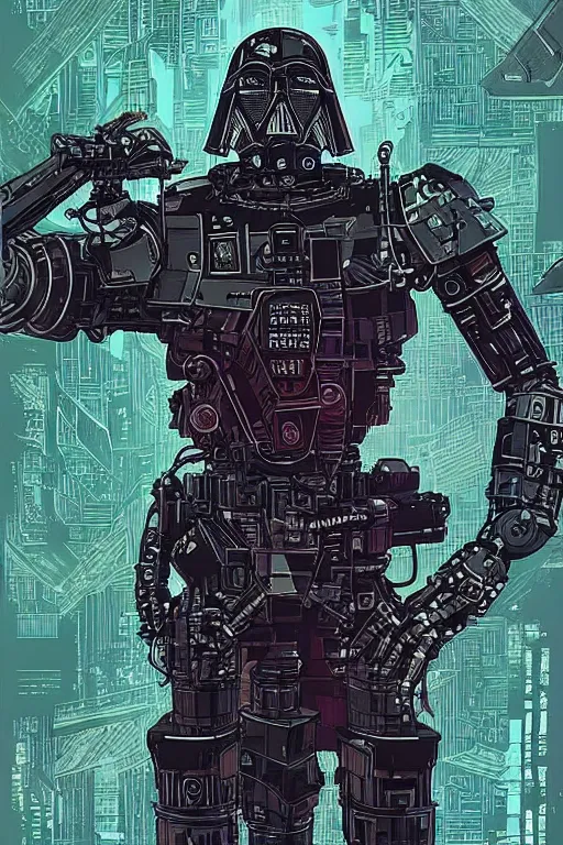 Image similar to robot ninja darth vader, cyberpunk mech is from borderlands and by feng zhu and loish and laurie greasley, victo ngai, andreas rocha, john harris, victo ngai, andreas rocha, john harris