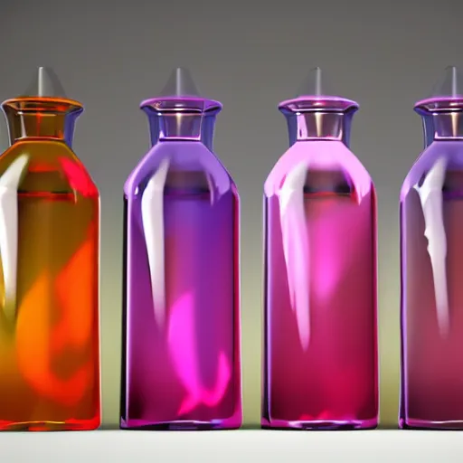 Image similar to A set of fantasy potion bottles full of swirling liquid, octane render, trending on artstation