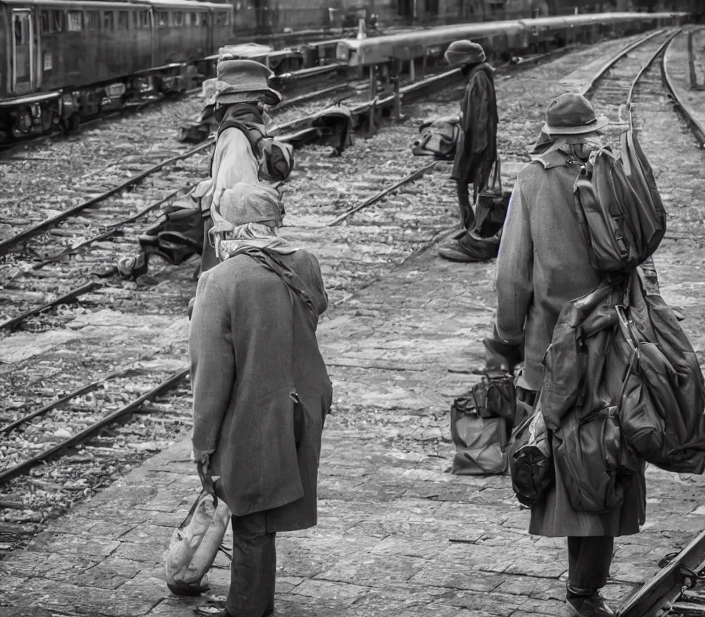 Prompt: Old man with a newsboy hat waits for a train with a lot of baggage on a platform, trains in the background, low angle, morning hard light, realistic digital art