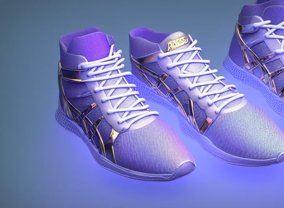 Prompt: realistic 3 d render of a futuristic sneaker, beautiful studio lighting, soft, sharp focus, neon glowing lines, intricate detail, purple and blue leather, soft white rubber, shiny plastic, hexagon mesh, gold filigree, octane render, side view, close up, trending on artstation, deviantart, nike, asics, salomon