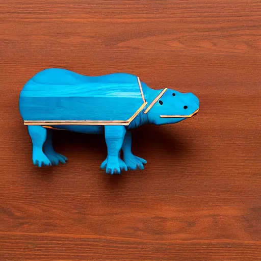 Prompt: a photo of a model hippo made of repurposed dock ( wood ) brown wood composite mixed with straight lines blue epoxy resin, dramatic lighting, studio zeiss 1 5 0 mm f 2. 8 hasselblad, award - winning photo