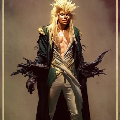 Image similar to amazing lifelike award winning pencil illustration of jareth the goblin king trending on art station artgerm Greg rutkowski alphonse mucha cinematic