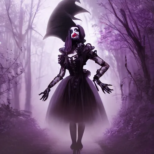 Image similar to american mcgee's vampire goth cyborg alice in lavender madness land sharp focus hyperrealistic cinematic forest of fog sharp portrait