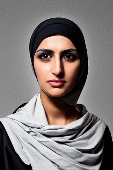 Prompt: portrait photo of a modern ( middle eastern ) woman wearing a dark shirt, upper body avatar, kodak portra 1 6 0, chiaroscuro lighting, stylized bold outline, striking colour, default pose neutral expression, face on head shot, closeup, eye contact, sharp focus, flat grey background, 4 k, volumetric, french nouveau, ultra detail