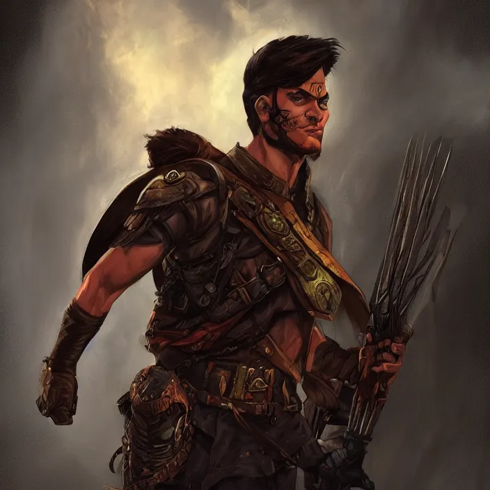 Image similar to a fantasy comic book style portrait painting of a male ranger in a atmospheric dark fortress, unreal 5, daz, hyperreal